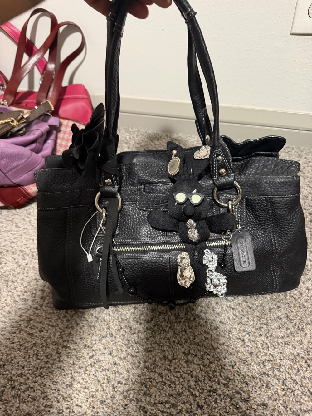 Coach Black Pebbled Leather Shoulder Bag with Charm Accents